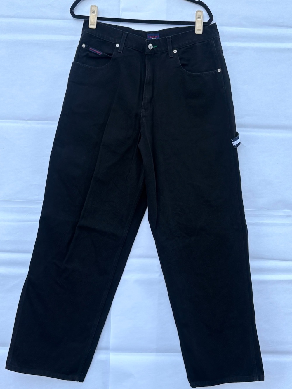 VTG Tommy Hilfiger Black Baggy Carpenter Jeans 34x32 90s Y2K Flag Loop